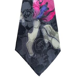 ZABEL Aoko Floral Abstract Art Tie 100% Silk Hand‎ Sewn USA Black Pink